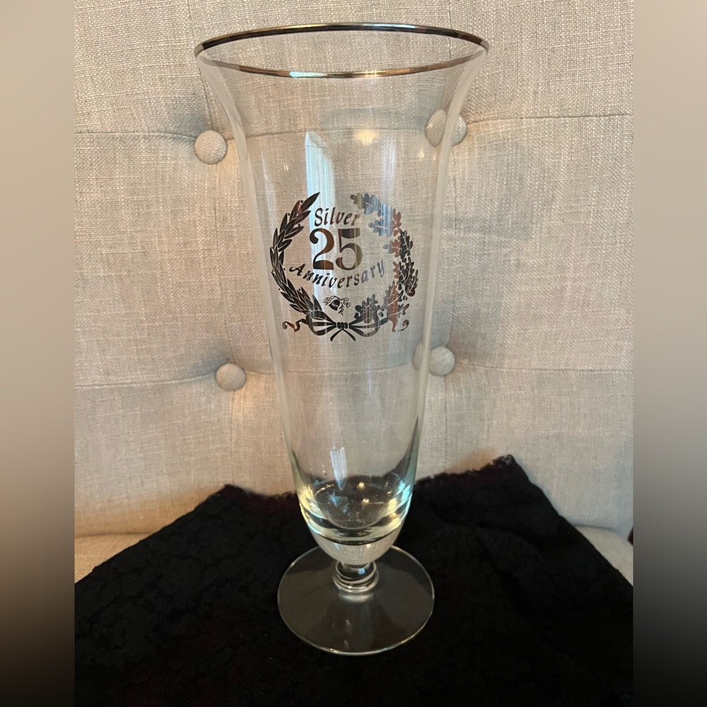 Tall vintage vase silver trim 25th
Anniversary on vase from 1970's 12” high